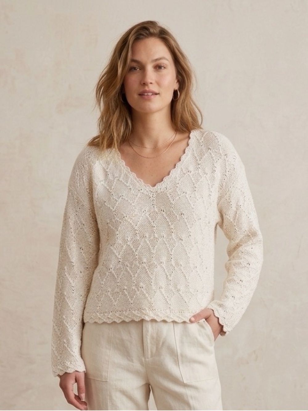 Sundance Catalog Hand Knitted White Cotton Linen Artisan Sweater One Size S - M